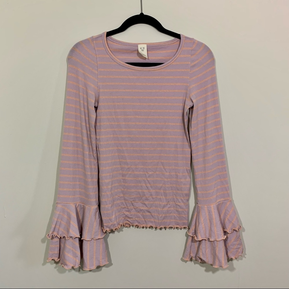 Free People Lavender and Peach Striped Ruffle Long Sleeve Tee